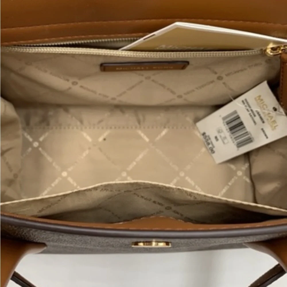 MICHAEL KORS Carmen Medium Faux Leather Belted Satchel Brown Signature color